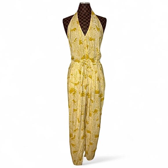 Olivaceous Yellow Halter Jumpsuit Large Split Leg Yellow Palm Print 1-Piece Boho - Picture 2 of 10